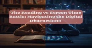 A teen reading a physical book with a digital device distracting them, illustrating The Reading vs Screen Time Battle: Navigating Digital Distractions