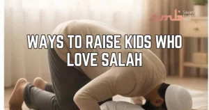 7 beautiful ways to raise kids who love Salah - A father and young child in sujood (prostration) on prayer mats, viewed from the side, illustrating how to raise kids who love Salah through example.