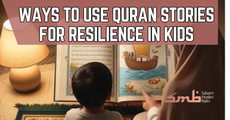 A parent and child seen from behind, sitting cozily on a prayer mat and reading a large book of Quran stories featuring Noah's ark.